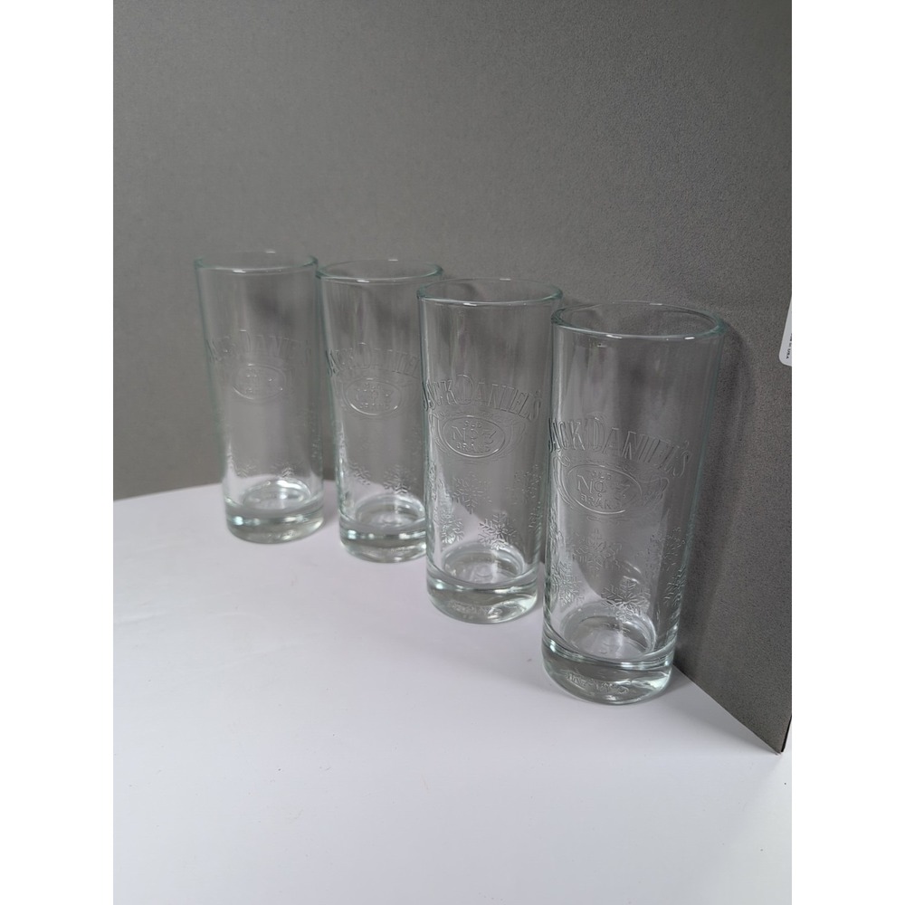 4 Jack Daniels Whiskey Glasses - 6" Tall - 10oz - Holiday & Snowflake Themed